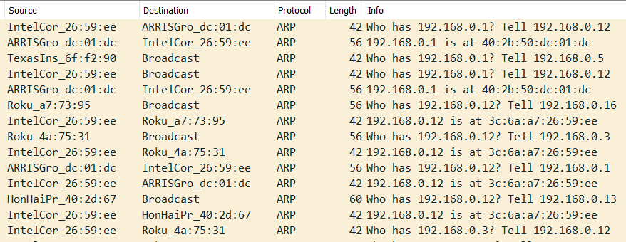 arp requests on my LAN, as seen by wireshark